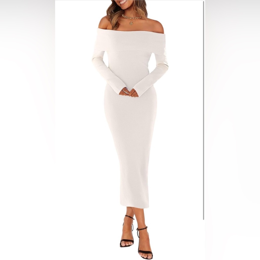 COPY - MEROKEETY Fall Off Shoulder Bodycon Sweater Formal Long Sleeve Elegant D… - Picture 3 of 4